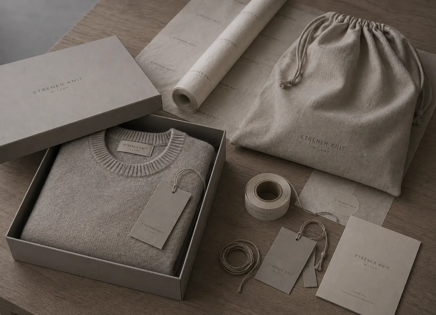 Custom rigid gift boxes, tote bags and tissue paper packaging for knitwear brands