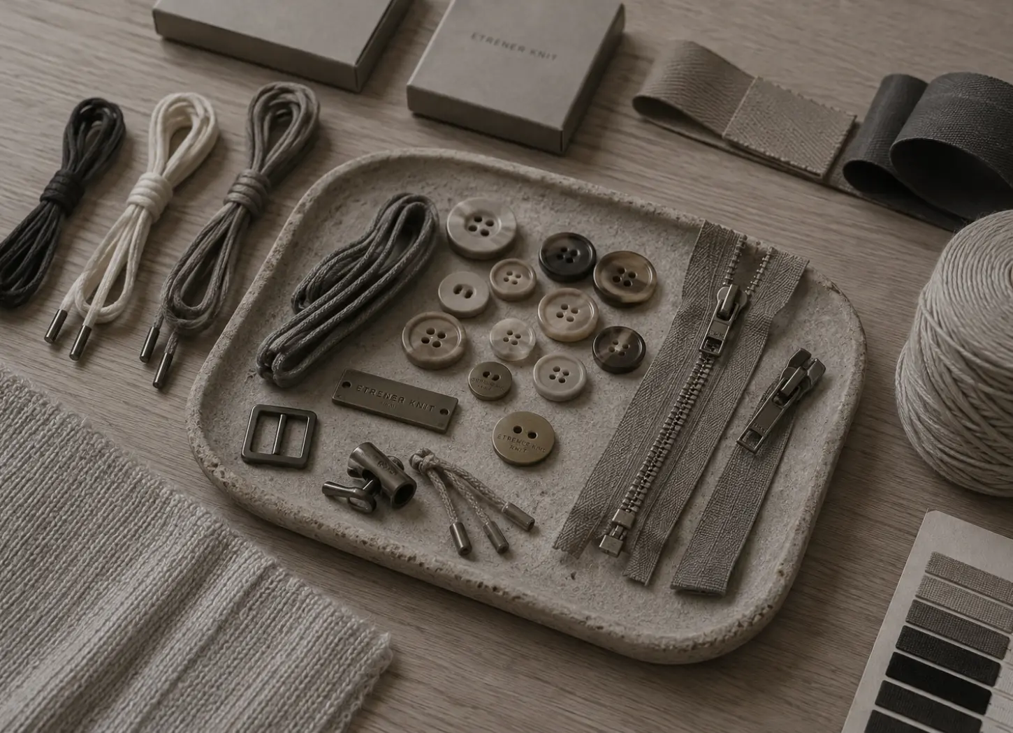 Custom engraved metal buttons, branded zippers and trims for knitwear manufacturing