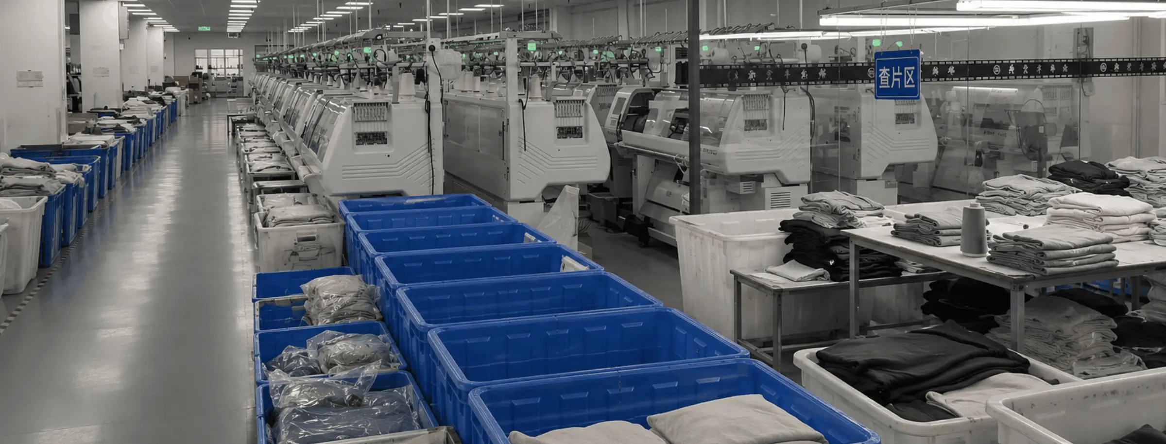 Rows of computerized flatbed knitting machines on EtrenerKnit's Guangzhou factory production floor, with finished knitwear sorted in bins for quality inspection
