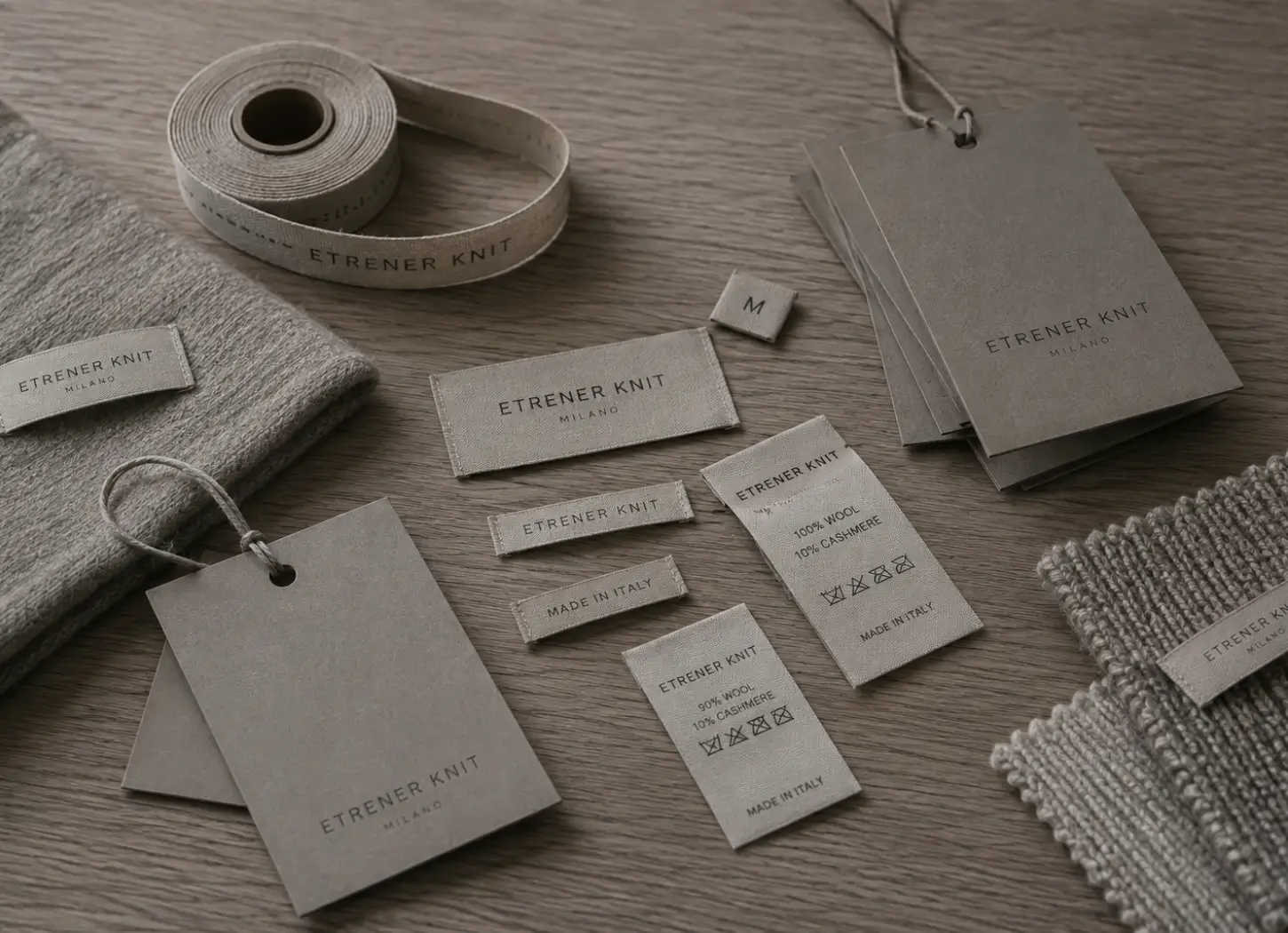 Custom woven main labels, care labels and hangtags for private label knitwear brands