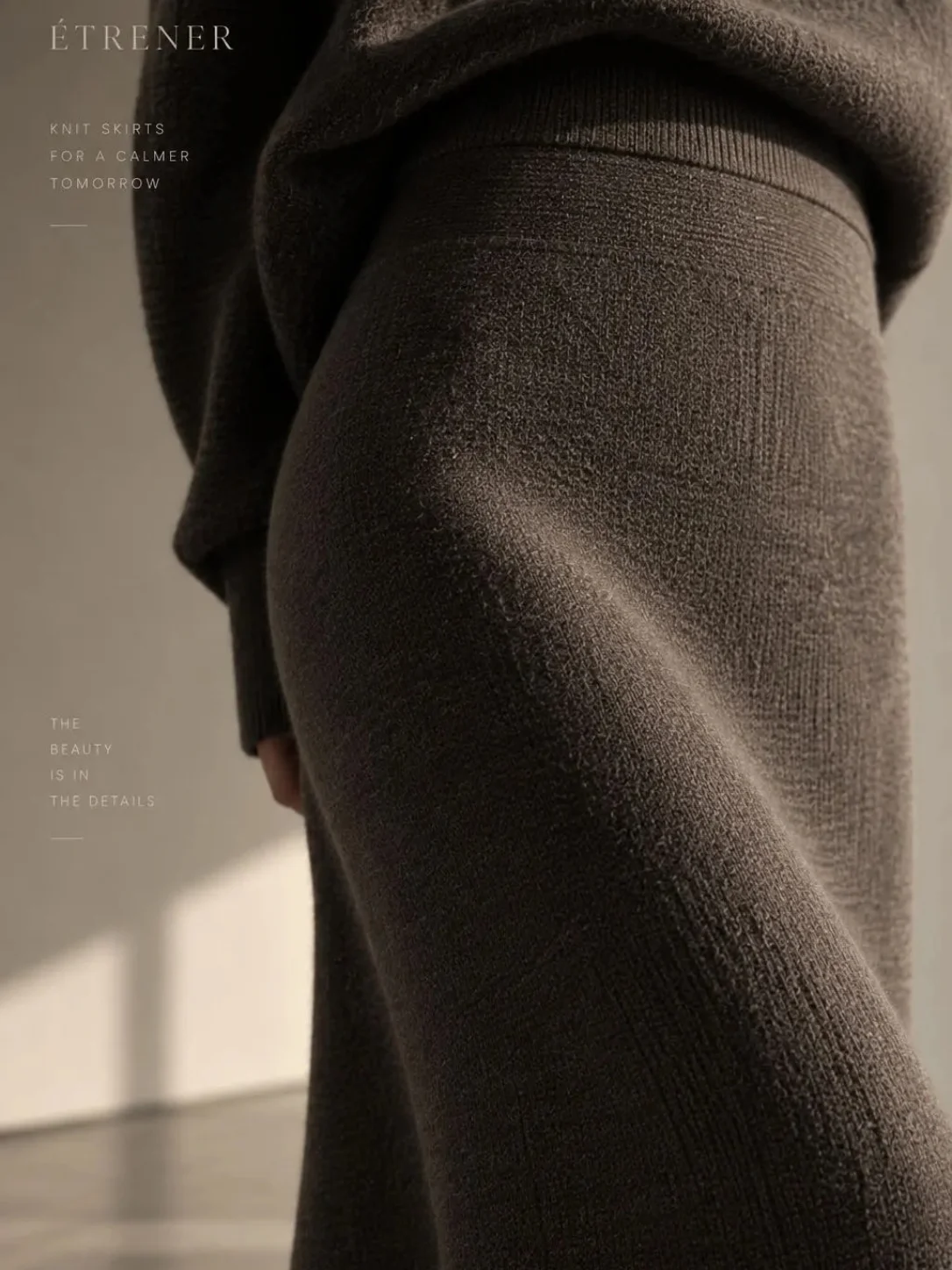 Close-up of the ribbed waistband on a women's rib knit midi skirt in brown wool blend by EtrenerKnit