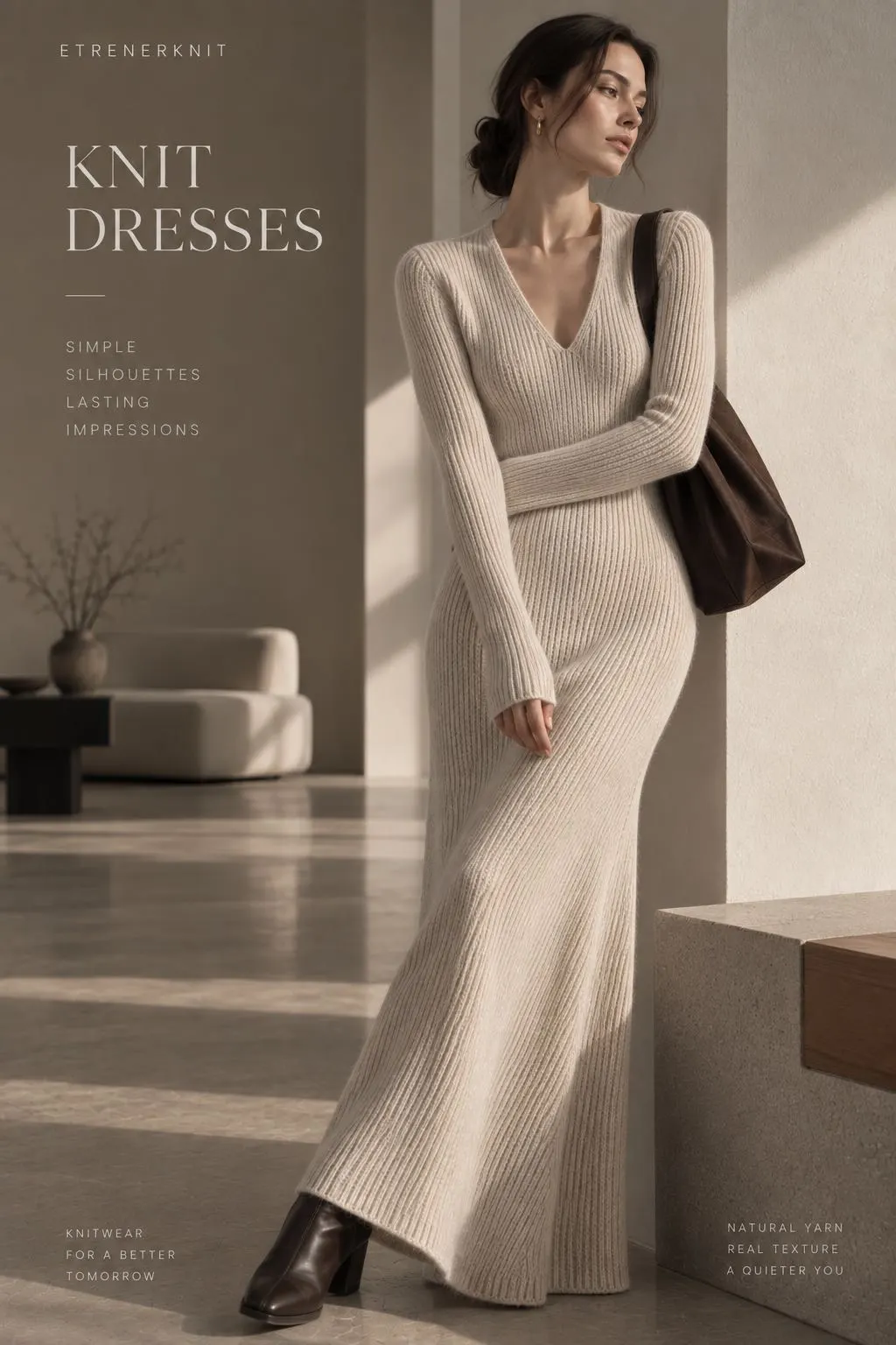 Women's cream ribbed V-neck maxi knit dress