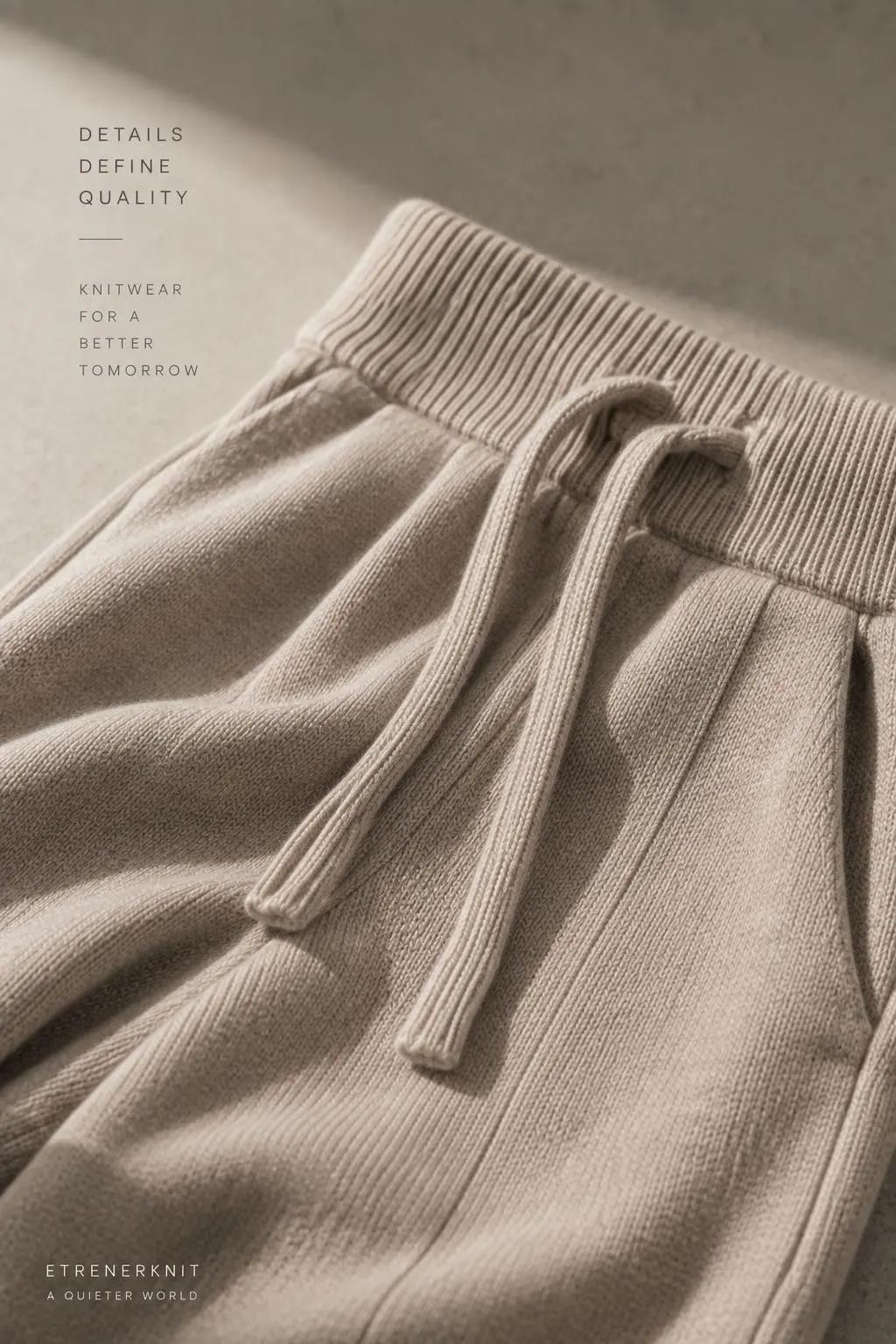 Ribbed drawstring waistband on wide-leg knit pants produced for a client brand, OEM